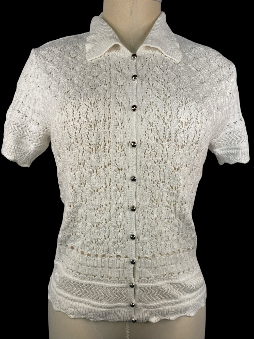 Milk & Honey Short-Sleeve White Knit Button-Up Sweater Women’s Large